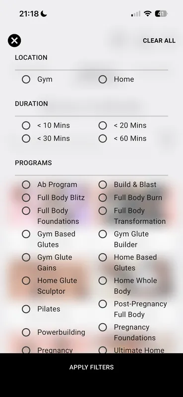 Workout filters